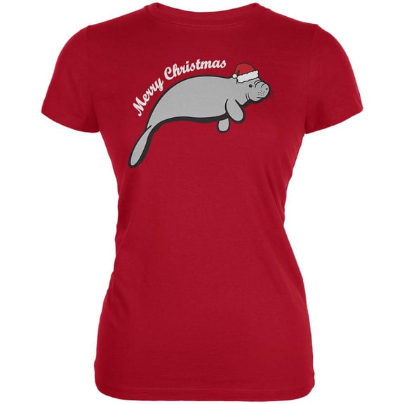 Merry Christmas Manatee Floaty Potato Juniors Soft T Shirt Red SM