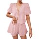 thumbnail image 1 of Camisas de Color Sólido para Mujeres Verano Manga Corta Cuello en V Cuello Delantero Corbata Camisa Pantalones Cortos Conjunto, 1 of 7