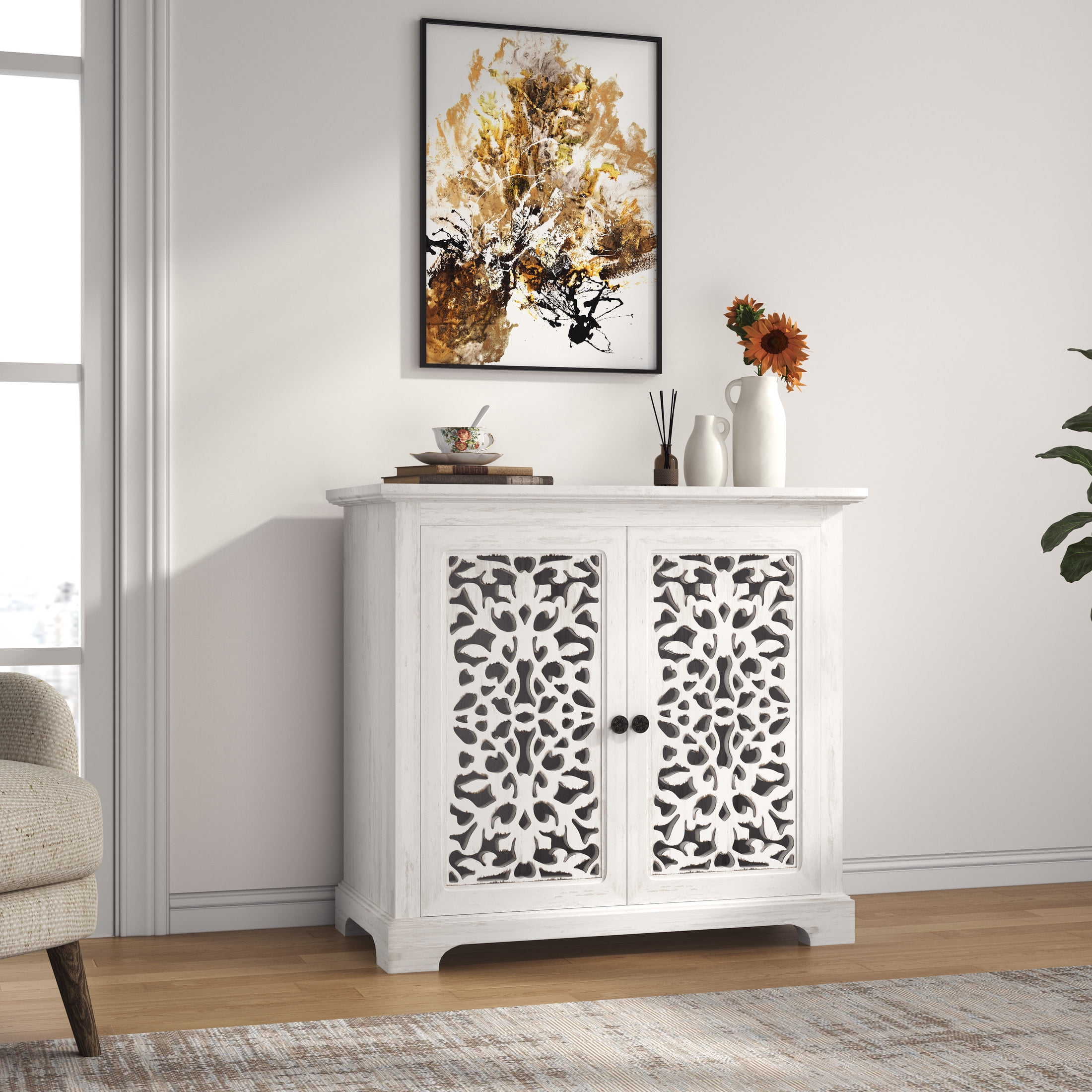 Noble House 31.5" Vintage Sideboard Buffet Cabinet with 2 Carved Doors, Antique White