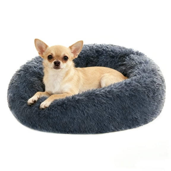 Calming Dog & Cat Bed, Anti-Anxiety Warming Cozy Soft Round Bed, Fluffy Faux Fur Plush Cushion Bed for Small Medium Dogs and Cats,Dark Gray 24"