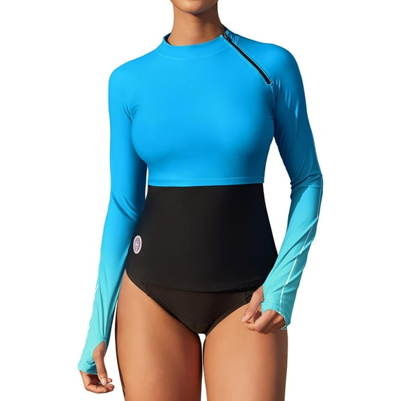 Alove Womens Long Sleeve UPF 50 Rash Guard Top with Thumb Hole Swim Shirts Gradient Color Block Swim Tops with Shoulder Zipper