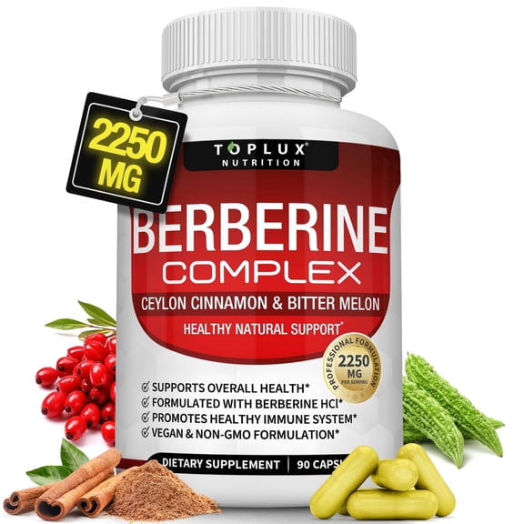 Toplux Berberine with Ceylon Cinnamon and Bitter Melon 2250mg - Metabolic Support Supplement for Overall Wellness for Men & Women 90 Capsules