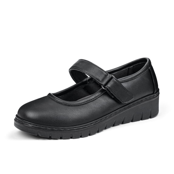 VJH confort Women’s Mary Jane Flats,Comfort Round Toe Low Wedge Slip-on Walking Shoes(Black,8)