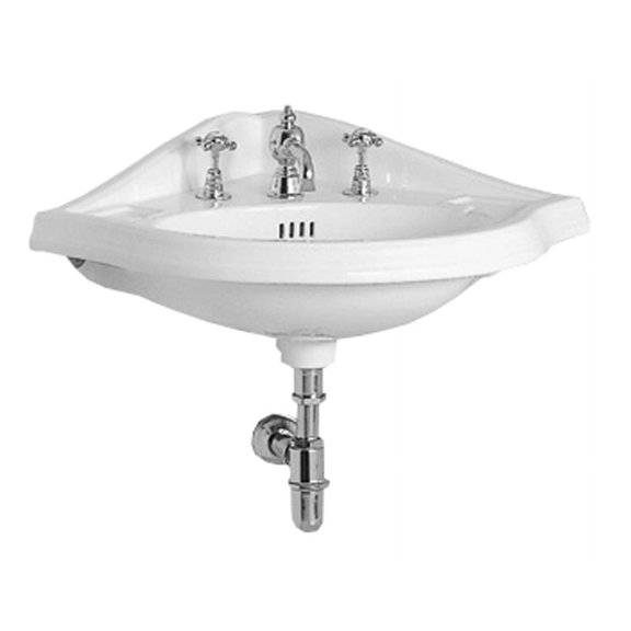 Whitehaus Isabella Collection Corner Wall Mount Basin with Widespread Hole Faucet Drilling, Oval bowl, Backsplash, Dual Soap Ledges and Overflow