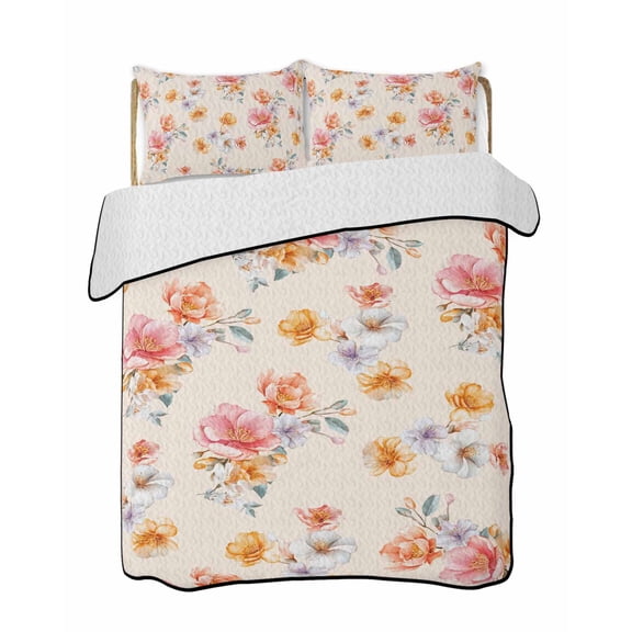 Quilts Twin Size Bedding Set, Spring Flowers Lightweight Quilted Comforter, Yellow Pink Floral Pastoral Botanical Soft Reversible Bedspread Coverlet with Pillow Covers for All Season, 68" x 86"