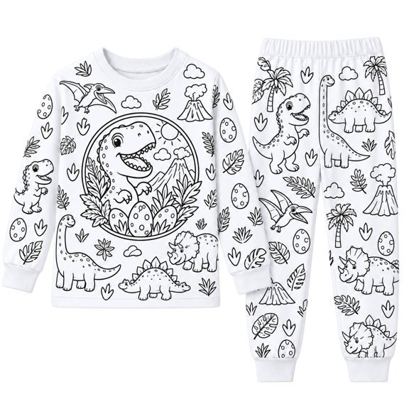 WOYY DIY Coloring Pajamas for Girls Dinosaur Long Sleeve Top Pants Kids PJ Set, Sizes 2-9