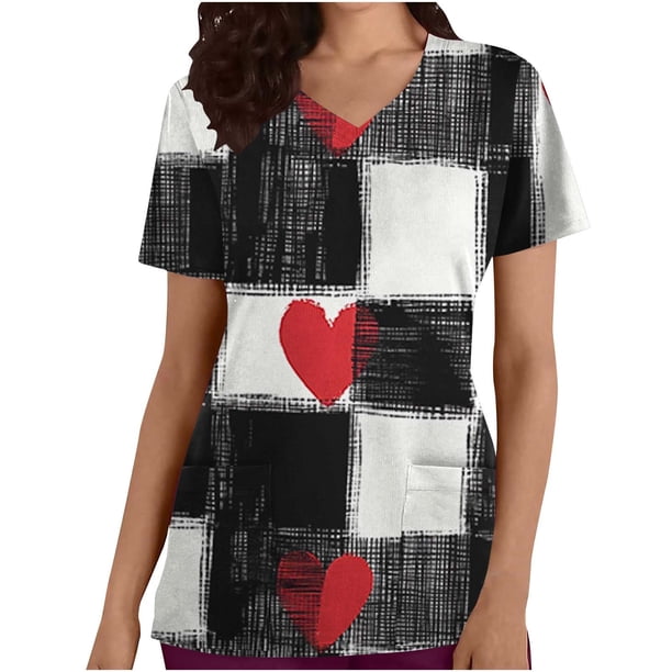 TaTaai Heart Print Women Scrub Blouse 100 Cotton Classic Fit Short Sleeve V Neck Side Pocket Machine Washable No Fading Medical Work Daily Top Gift