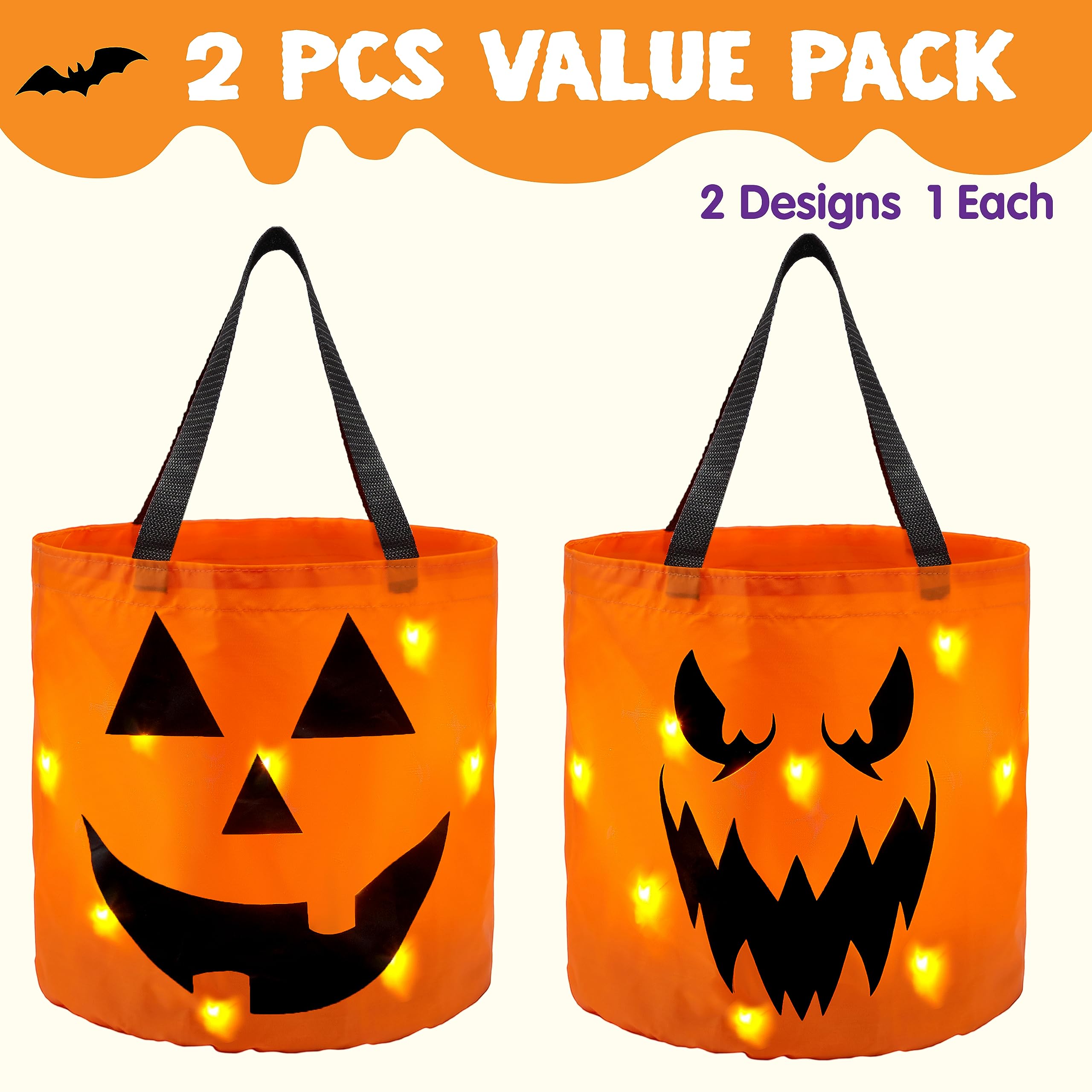 Joyfy Halloween LED Light Pumpkin Candy Buckets, 2-Pack photo 7