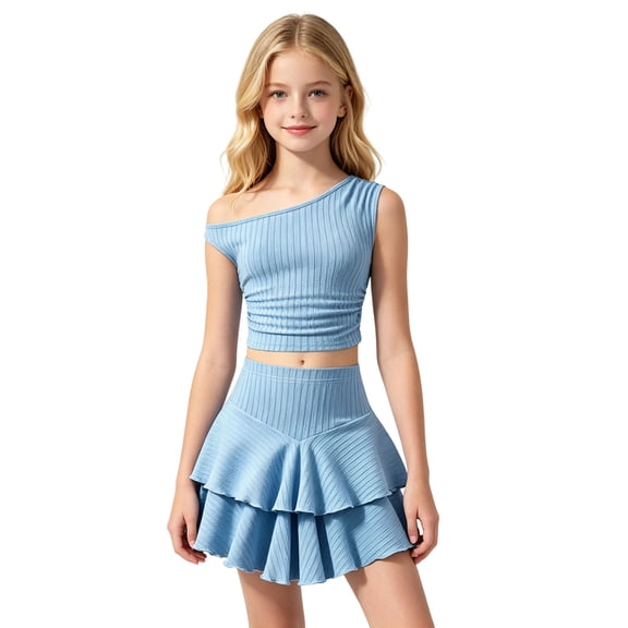 Gyujnb Girls 2 Piece Summer Outfit Off Shoulder Ribbed Knit Top and Layered Ruffle Skirt Casual Cute Set,12-13 Years