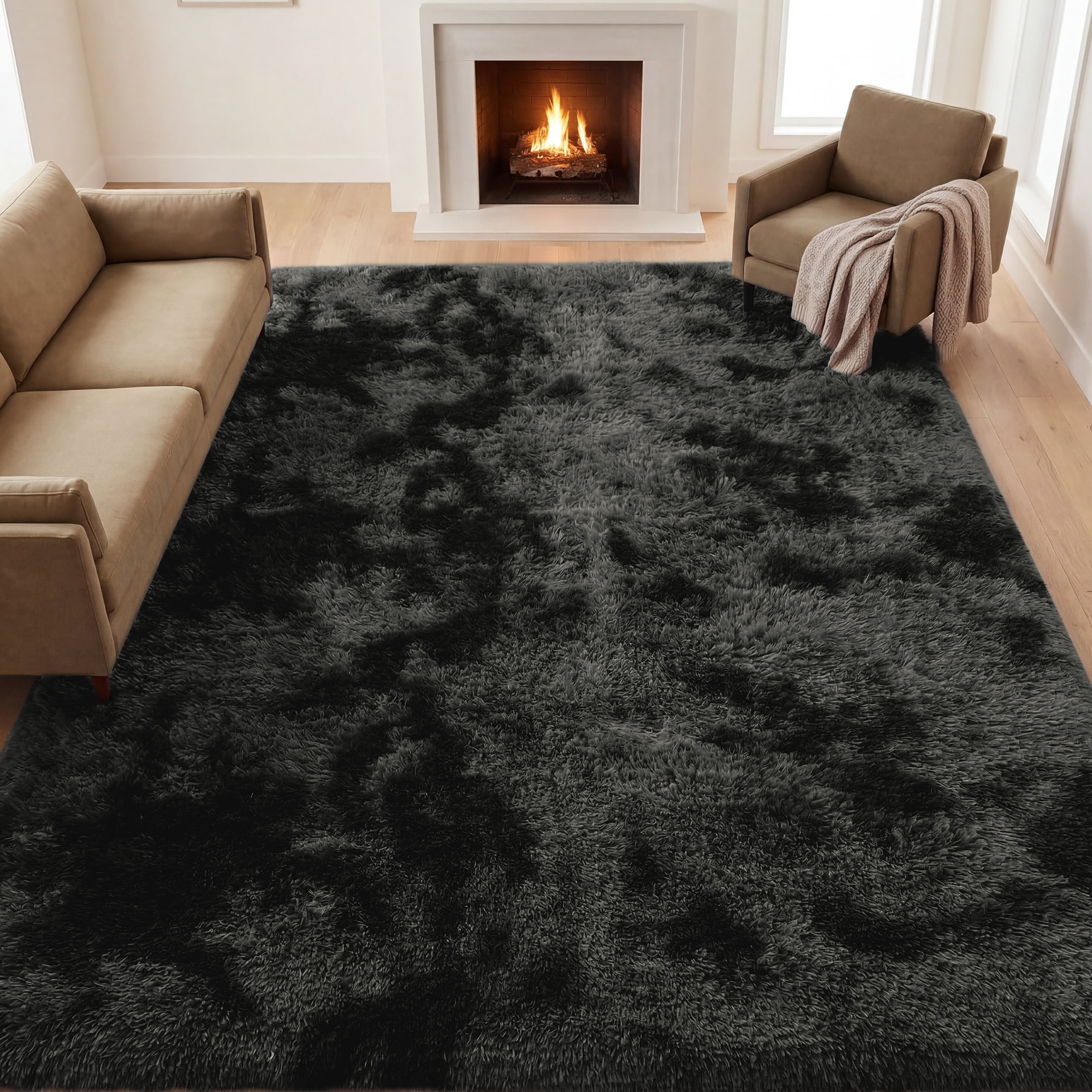 Nefoso Shag Area Rug, 5ft x 7ft Soft Fluffy Tie-Dye Area Rugs for Living Room Bedroom Decor Carpet, Black & Grey