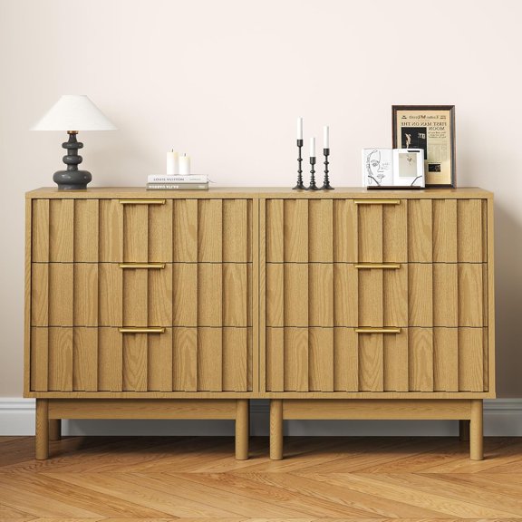 RoyalCraft 3 Drawer Nightstand Set of 2, Modern Fluted Chest of Drawers, Wooden Storage Night Stand Side Table with Chic Edge Pull, Perfect for Bedroom, Living Room, Entryway, Natural Wood Tone