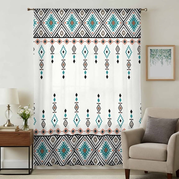 Teal Black Boho Sheer Curtains 54 Inches Long, Vintage Ethnic Tribe Abstract Art Retro Light Filering Curtains, Breathable Simi Curtain Privacy Drapes for Kitchen Bathroom Small Window Treatment