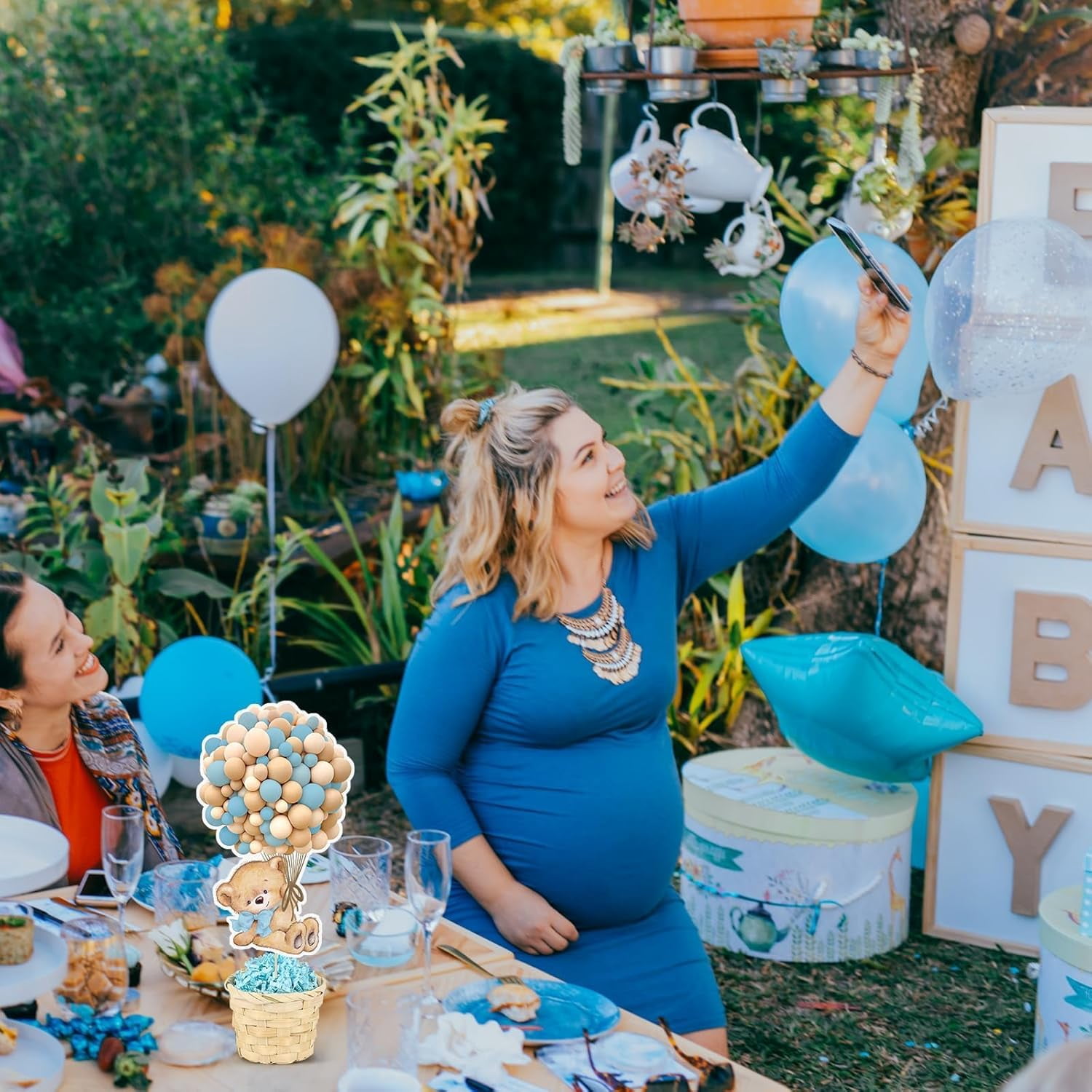 6 Set Blue Baby Shower Table Centerpieces Decortion Hot Air Balloon Cute Babys Bear with Bamboo Basket Lafite Garss Welcome Oh Baby We Can Bearly Wait Boy Or Girl Gender Reveal Party Favor