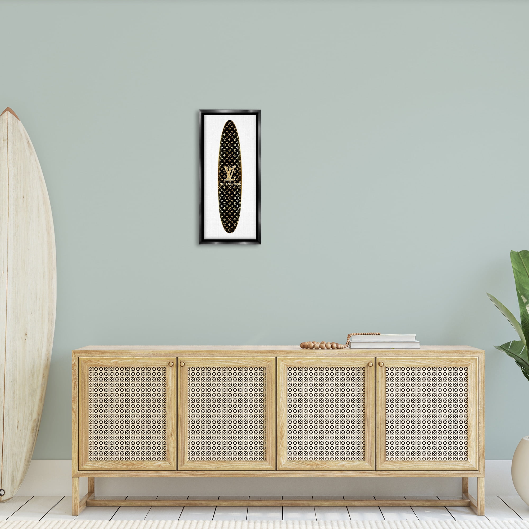 Stupell Industries Designer Brand Surfboard Nature Painting Black Floater Framed Canvas Art Print Wall Art, 11 x 25