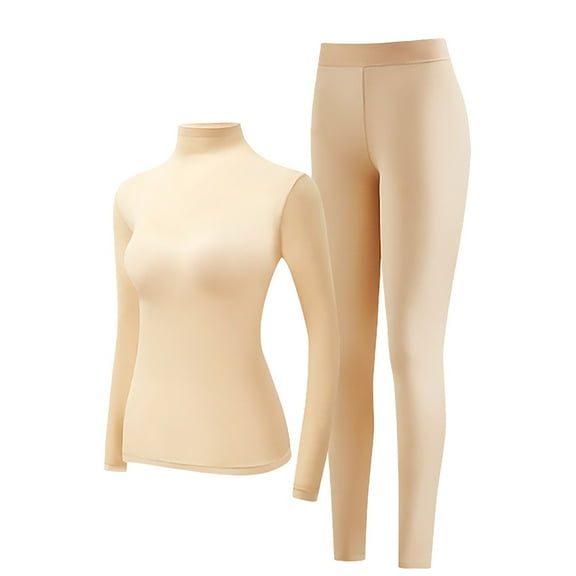 Clearance!FUNUONY Womens Thermals Top and Bottom Set High Neck Skin Care Clothing Set High Elastic Non Marking Underwear Thermal Leggings for Women Thermal Underwear for Women Beige L