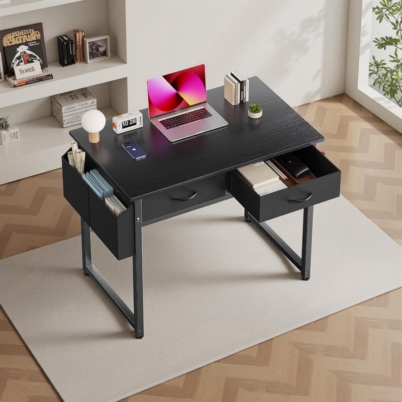 Kelno 32 Inch Computer Desk with 2 Fabric Drawer Storage Bag Iron Headphone Hook Vanity Writing Table, Black