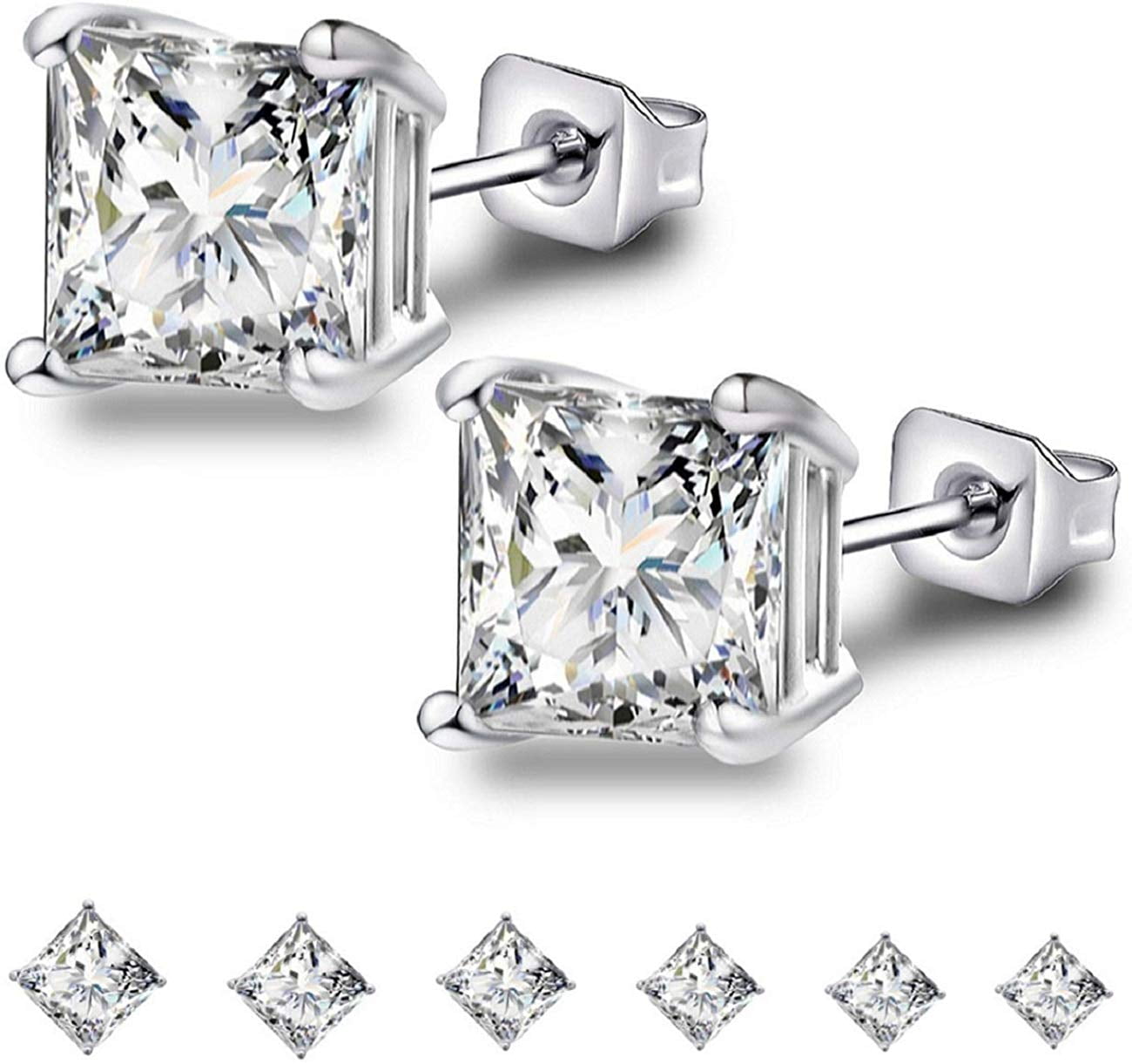 Womens Sterling Silver 925 Rhodium Plated Square Clear CZ 5mm Stud Earrings 
