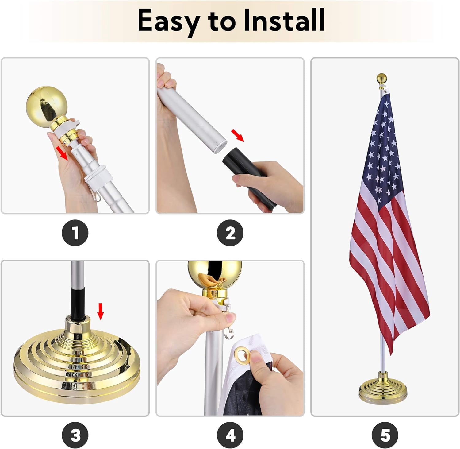 Yescom 8FT Telescoping Indoor Flag Pole Kit Aluminum Sliver Pole Ball Topper with 3x5Ft US Flag & Base Stand 2 Pack