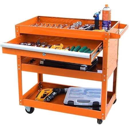 Utility Tool Cart for Mechanics - Heavy Duty Service Cart Supports Up to 330 lbs,Compact 3 Shelf Utility Cart on Wheels with Lock Drawers and Deep Shelves for Warehouse,Garage,Cleaning (Orange)