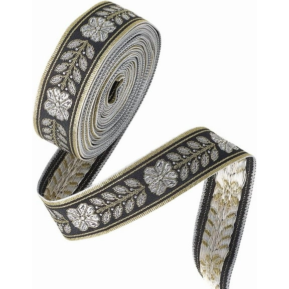 10 Yards Black Floral Jacquard Ribbon Gold Embroidery Trim Tape Boho Flower Woven Embroidered Polyester Applique Fabric Trimming Bulk for Sewing Making Crafts Clothes Dresses Wedding Decor Black