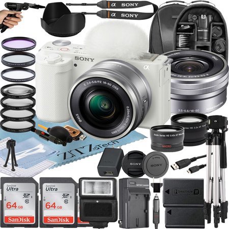 Sony Alpha ZV-E10 Mirrorless Vlog Camera With 16-50mm Lens + Two Pack 64GB Memory Card + Flash + Tripod + Backpack + ZeeTech Accessory Bundle (White)