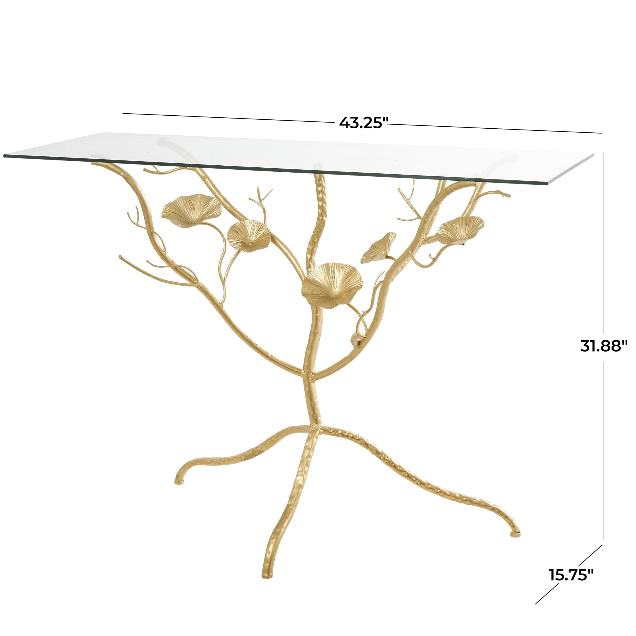 DecMode Gold Metal Branch Floral Console Table with Glass Top for