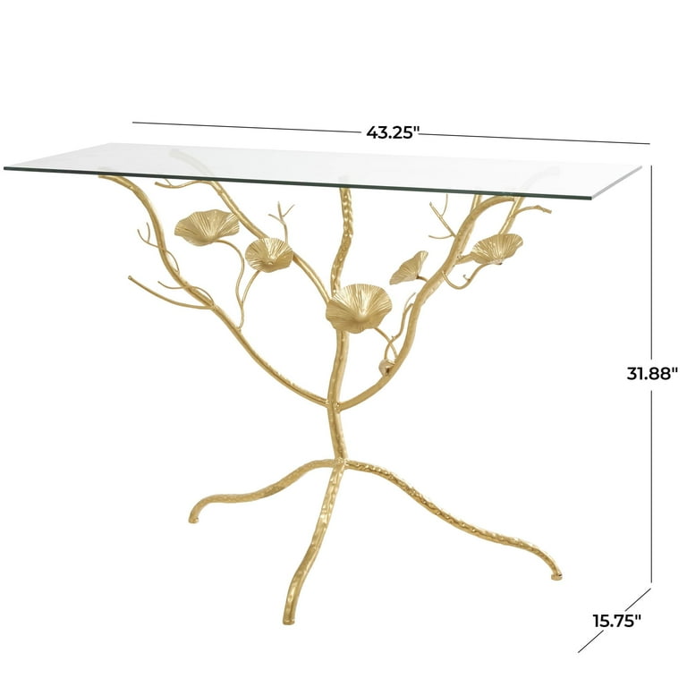 DecMode Gold Metal Branch Floral Console Table with Glass Top for