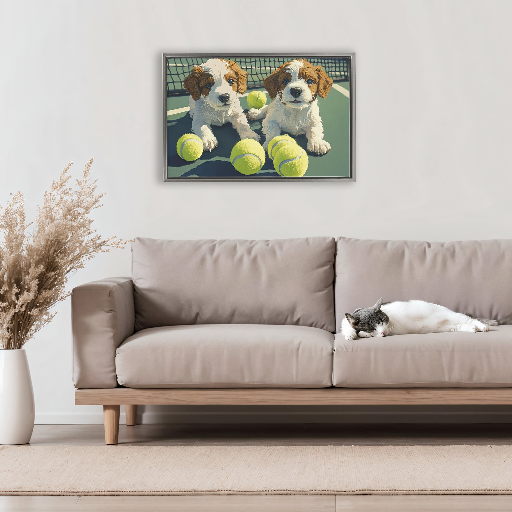 Stupell Industries Playful Puppies with Tennis Balls Gray Framed Floater Canvas Wall Art, design by Imagine It Images