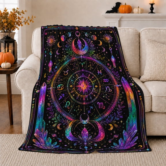 Zodiac Wheel with Crystals and Moons, Mystical Astrology Style for Zodiac Lovers, Rainbow Star Chart and Birthday Gift, Soft Flannel Blanket for Bedroom and Meditation Room, Celestial Home Decor