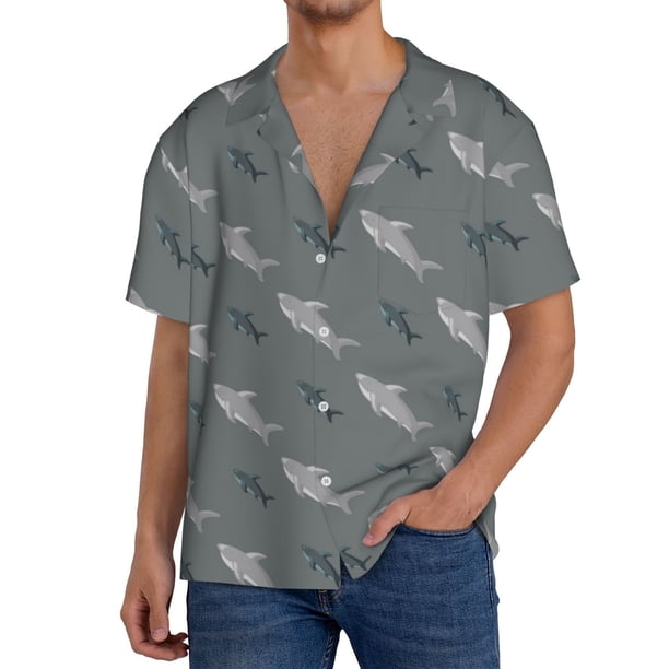 Balery Cute Shark Camisa Casual de Manga Corta con Botones para Hombre, Texturizada, Estilo Cubano, para Playa, Verano-3X-Large