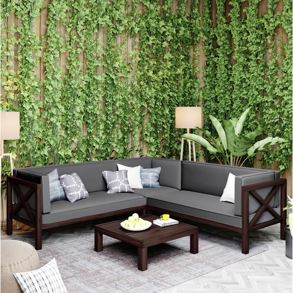 SEGMART 4-Piece Outdoor Patio Sofa Set, Solid Acacia Wood L Shape Corner Sectional Sofa Set, Patio Conversation Set with 2 Loveseat Sofas, Corner Chair and Coffee Table, 330LBS, Gray, SS1001