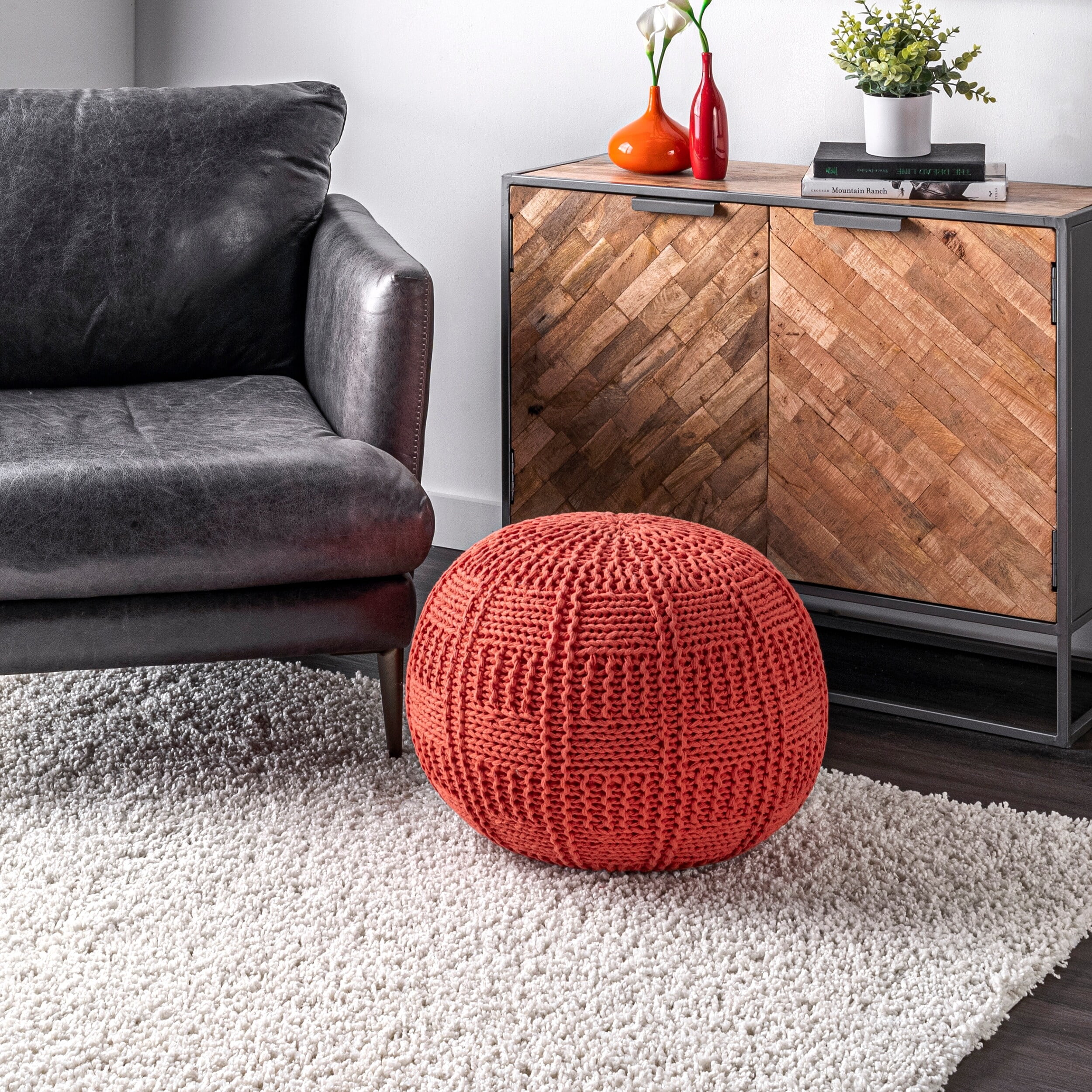 Brooklyn Rug Co  Casual Knitted Cotton Basketweave Pouf Ivory