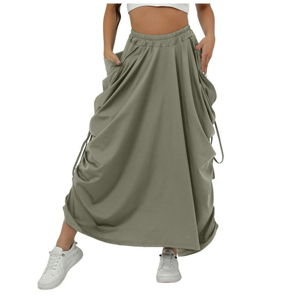 yueewhu Womens Solid Color Comfy Long Skirt Retro Ruffled Long Skirt Flowy Gothic Side Drawstring Long Skirt (Grey, XXL)