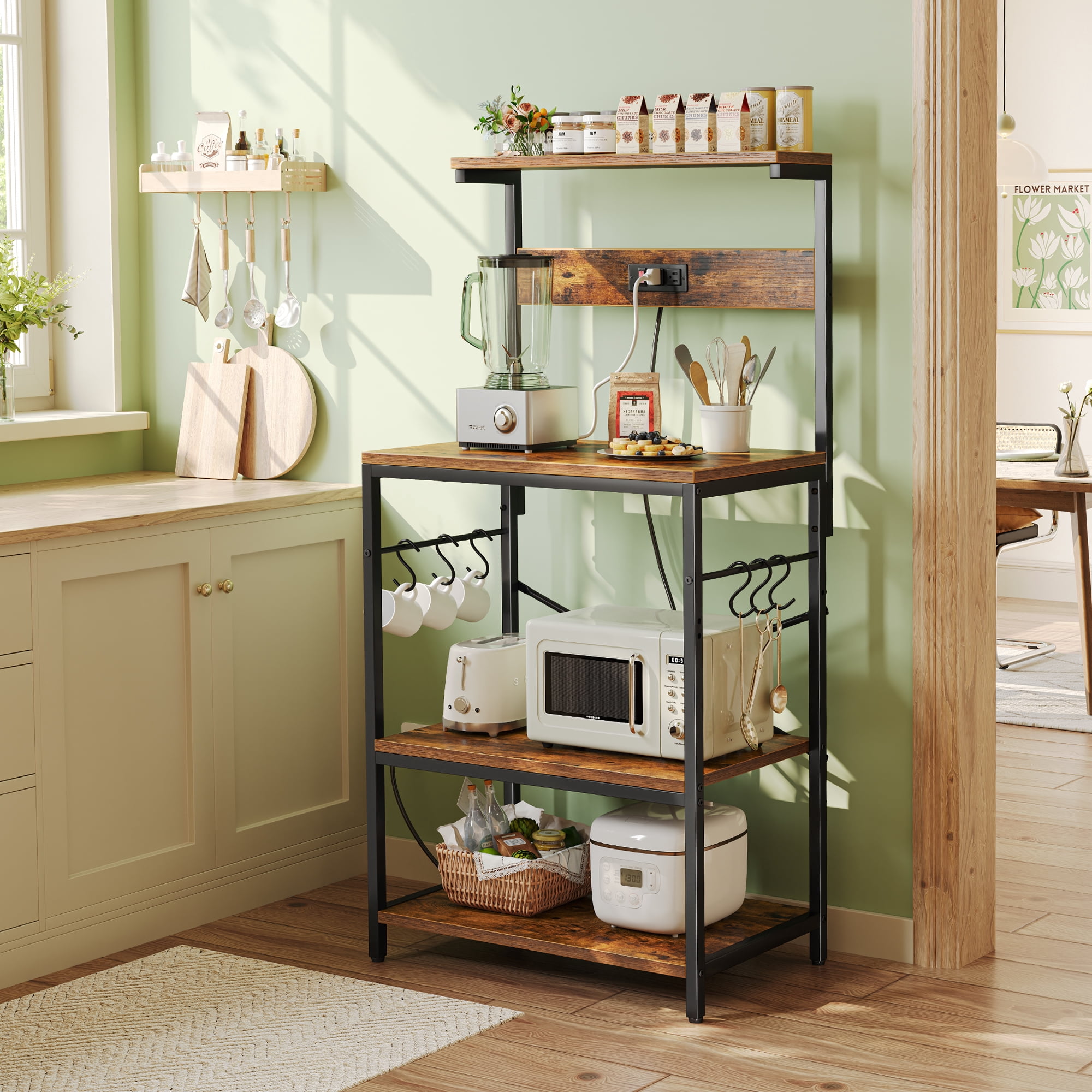 SUPERJARE Bakers Rack with Power Outlet, Kitchen Coffee Bar Table, Wood Microwave Stand Table with Hooks and Storage Shelves, Kitchen Shelf Rack, Rustic Brown