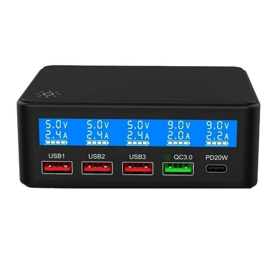 65W PD QC Fast USB Charger 5 Ports Smart Charge Station Hub Quick Charge Adapter USB C Charger Type C Display Desktop Chargers ,Suitable for Travel