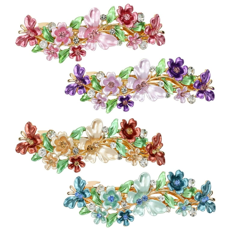 Vtg Metal Hair Barrette Clip Ornate Floral Colorful Rhinestones Artist Signed 4PCS Vintage Flower Hair Barrettes for Women, Colorful Flora  main image 3