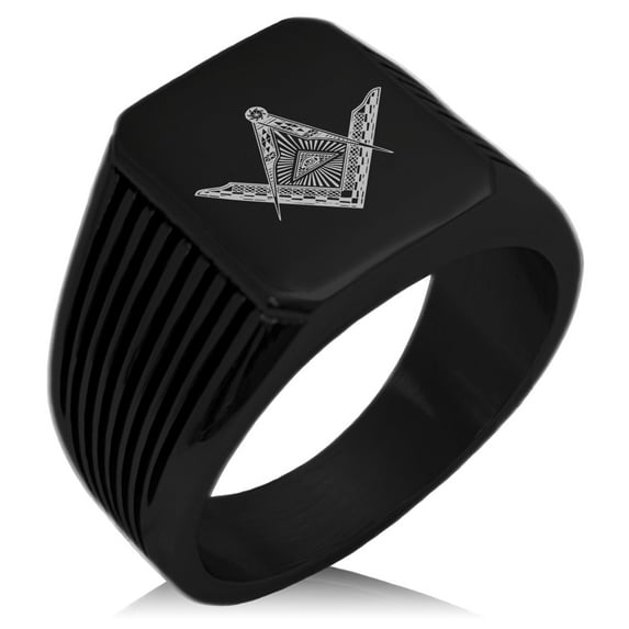 Stainless Steel Freemasons Masonic Eye of Providence Needle Stripe Pattern Biker Style Polished Ring