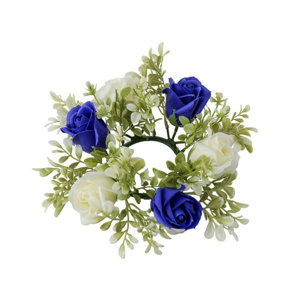 Anillo de vela con flores artificiales, anillo de guirnalda de velas con hojas , corona de anillo de vela, corona de velas Azul