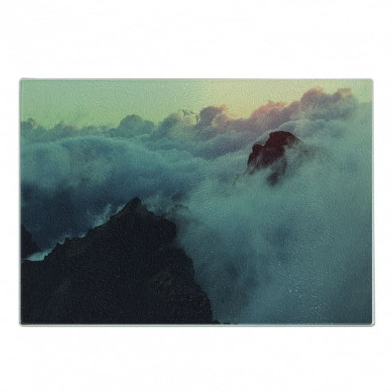 Clouds Cutting Board, Hills in the Large Cumulus Clouds View Mountains Tranquility Nature Theme, Decorative Tempered Glass Cutting and Serving Board, Small Size, Blue Brown, by Ambesonne