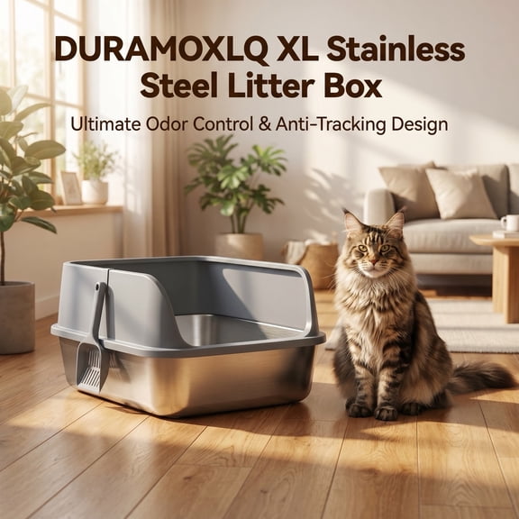 DURAMOXLQ XL Stainless Steel Cat Litter Box with High Sides, 23"x15" Large Metal Litter Pan for Big & Multi Cats, Odor Control, Open Top