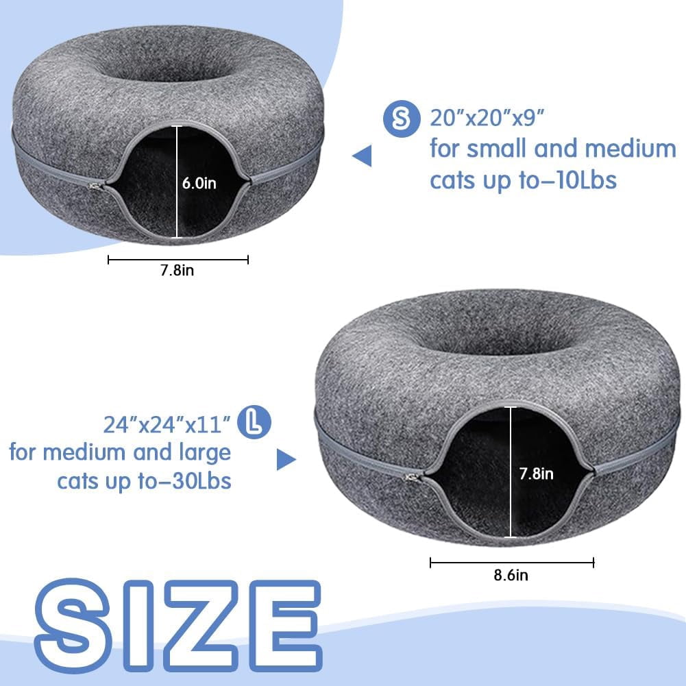 20in Cat Tunnel Bed, Scratch-resistant Donut Cat Bed, Can Accommodate Medium, Small and Large Cats, Detachable and Washable（Light grey）