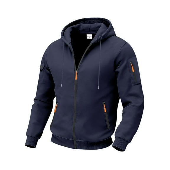 Men's Outdoor Cargo Full Zip Hoodie Jackets Drawstring Zipper Pockets Fleeced Casual Sweatshirt Navy XL