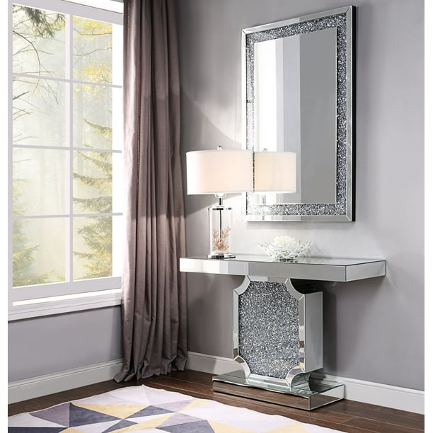 Acme Furniture Nie Console Table In Mirrored And Faux Diamonds Com Acme Furniture Nie Console Table In, Mirrored Console Table With Fireplace