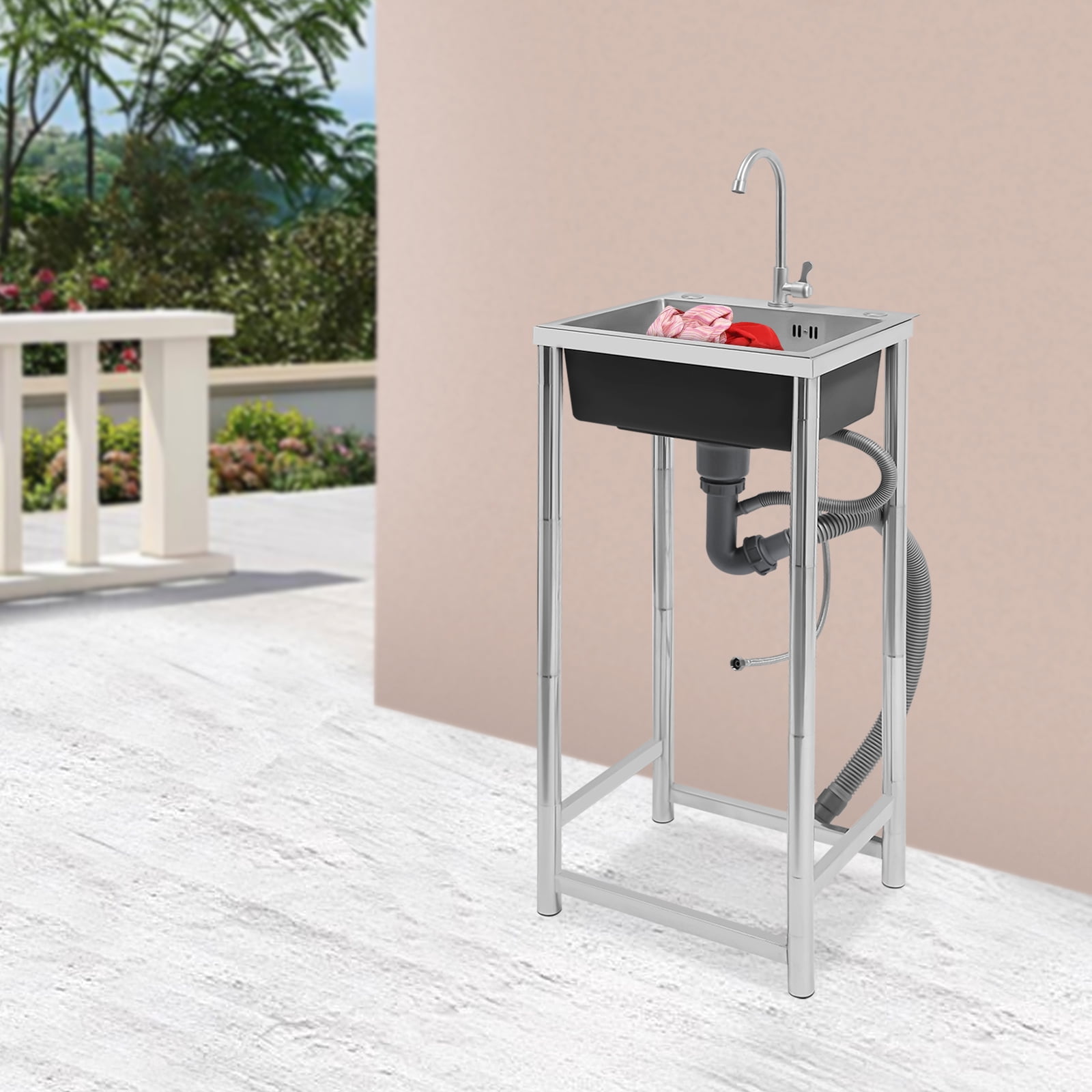 Peakora Stainless Steel Kitchen Utility Sink with Faucet Free Standing Outdoor Utility Sink Large Capacity Single Bowl Commercial Sink Easy to Clean for Multi-use