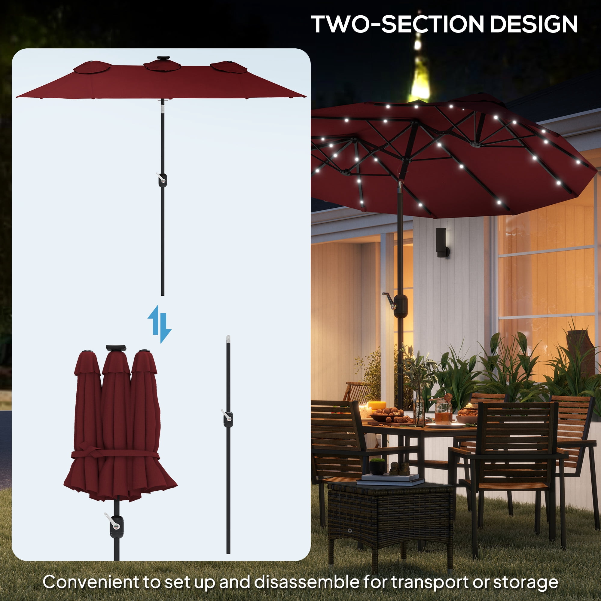 Outsunny 9.7' Double-sided Patio Umbrella with 3 Air Vents, Tilt and Crank, Outdoor Umbrella, Red