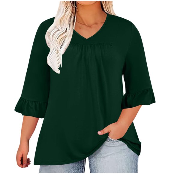 AherBiu Plus Size Tops for Women 3/4 Sleeve Ruched Hide Belly V Neck Loose Casual Tunic Tops to Wear with Leggings