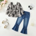 thumbnail image 2 of Kucnuzki 6Y Little Girls Winter Outfits 7Y Little Girls Warm Clothes Sets Square Neck Long Sleeves Pullover Top Floral Top Bowknots Flared Denim Pants Jeans 2pcs Sets Black, 2 of 8