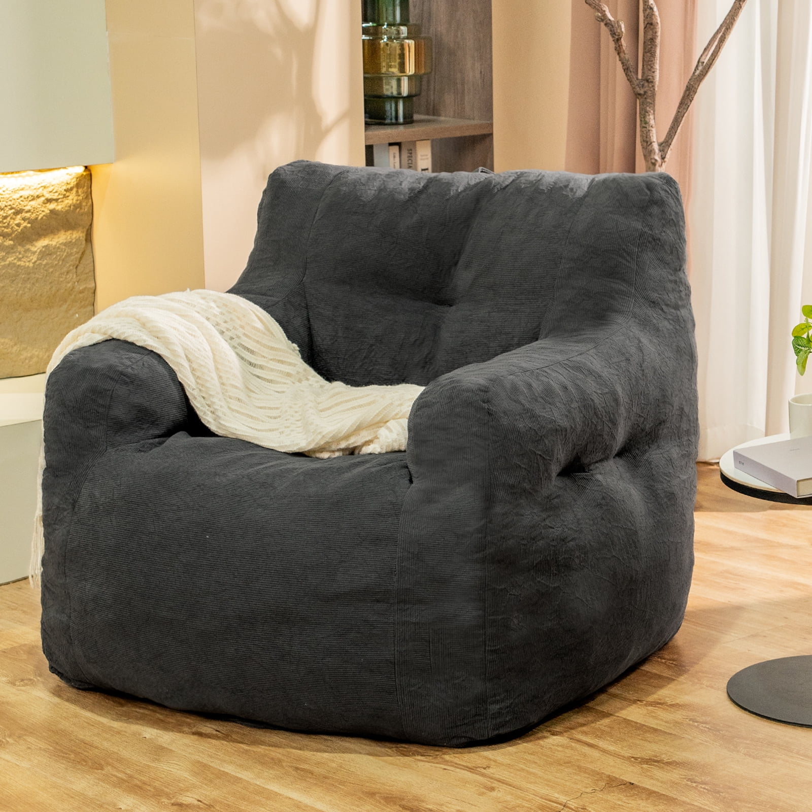 MIERES Bean Bag Chair for Adult Small Bean Bag Chairs with Arms Furry Beanbag Chair with Foam Filler Stuffed Bean Bag Sofa for Reading in Bedroom Living Room and Dorms (Gray)