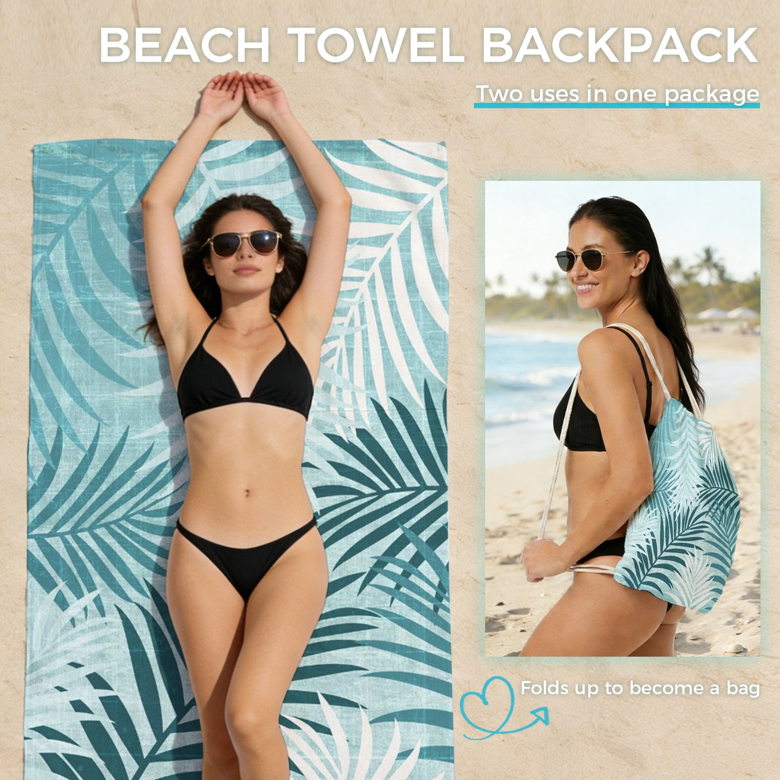 Beach Towel Bag 2 in 1 Turquoise Palm Leaves Bath Pool Towels Backpack Summer Tropical Leaf Plant Absorbent Beach Towel Soft Quick Dry Towels Drawstring Bag for Travel Camping Sports Picnic