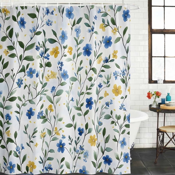 Blue Yellow Spring Floral Waterproof Shower Curtain, Stall 36"x72" Washable Polyester Fabric Shower Curtains for Bathroom, Elegant Summer Botanical Green Decorative Bathtub Curtain Sets with Hooks